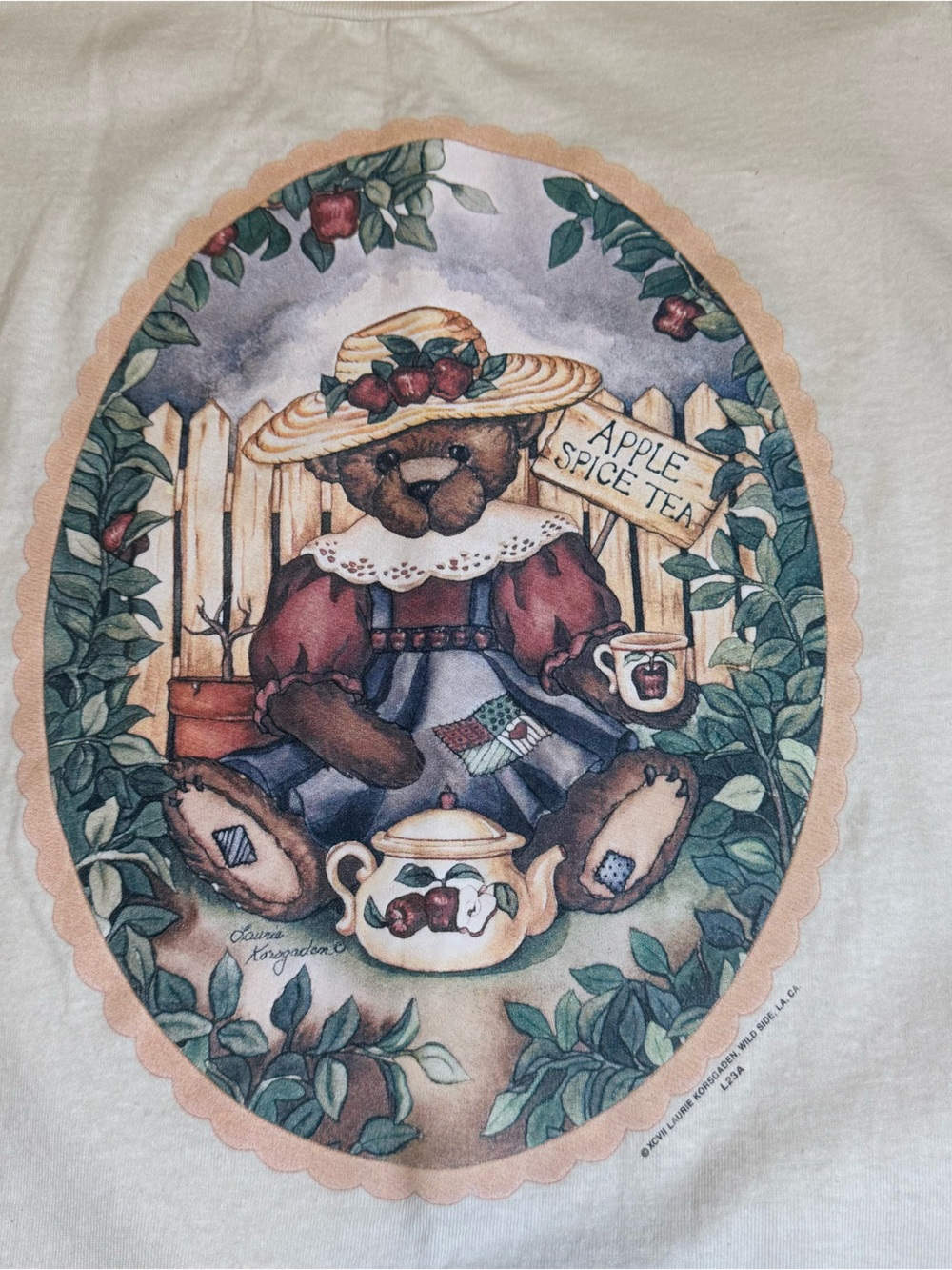 Vtg 90s Laurie Korsgaden T Shirt Medium Tultex Made in USA Cottagecore Bear Tea
